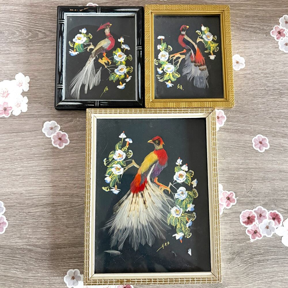 VTG 1940's Feather Bird Paintings Signed Glen F. Bastion American Folk Art Set 3